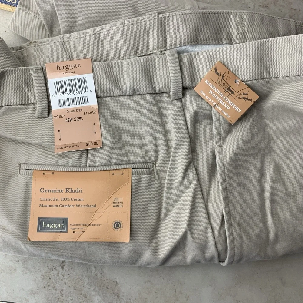 Haggar Men Size 42 x 29 Pants Genuine 61 Khaki Beige Chinos Cotton Straight Leg